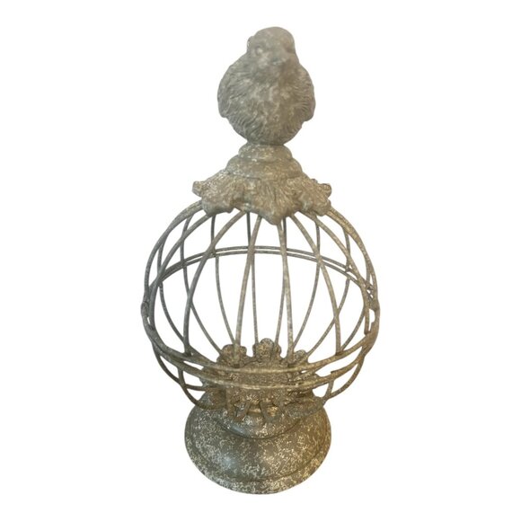 French Wire Metal Bird Cage Decor, Sparrow Topper & Pedestal Design Opens 8.75" - Picture 5 of 8